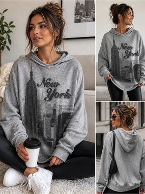 Sweet Gisele New York Hoodie XL Grey Skyline‎ Graphic Rhinestone Pullover